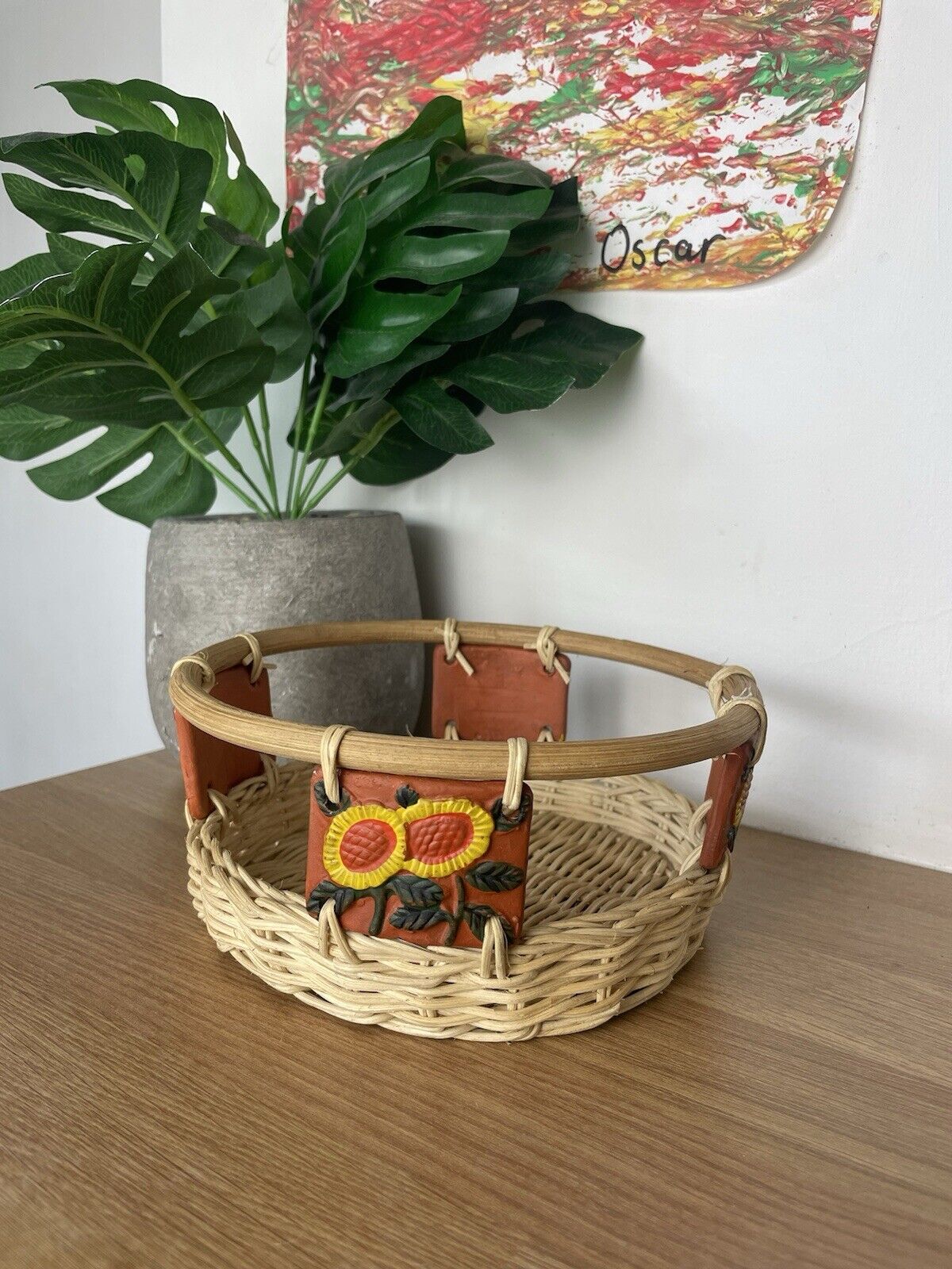 Small Woven Straw Tabletop Sunflower Tile Round Basket