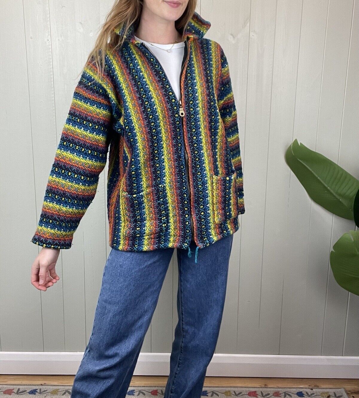 Vintage Size M 8-12 Bright Rainbow Striped Full Zip Chunky Knit Cardigan