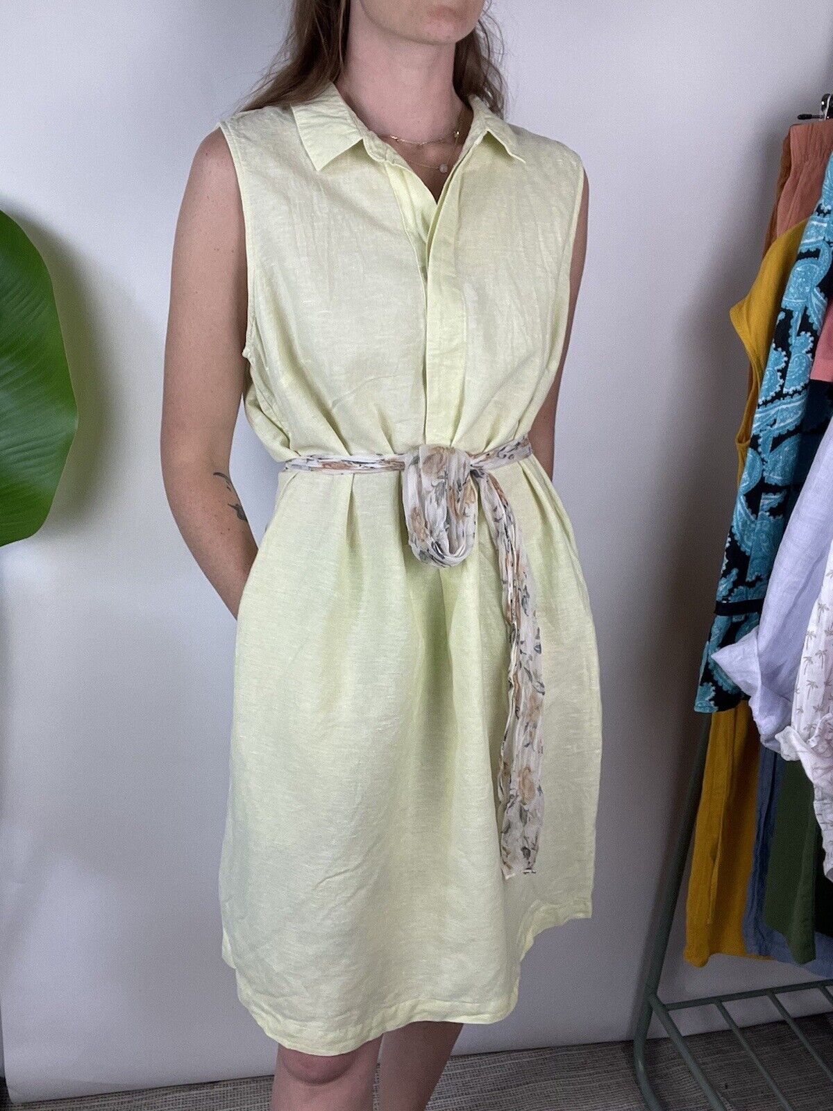 Vintage Size L 10-14 Apple Green Cotton Linen Summer Shirt Dress Liz Claiborne