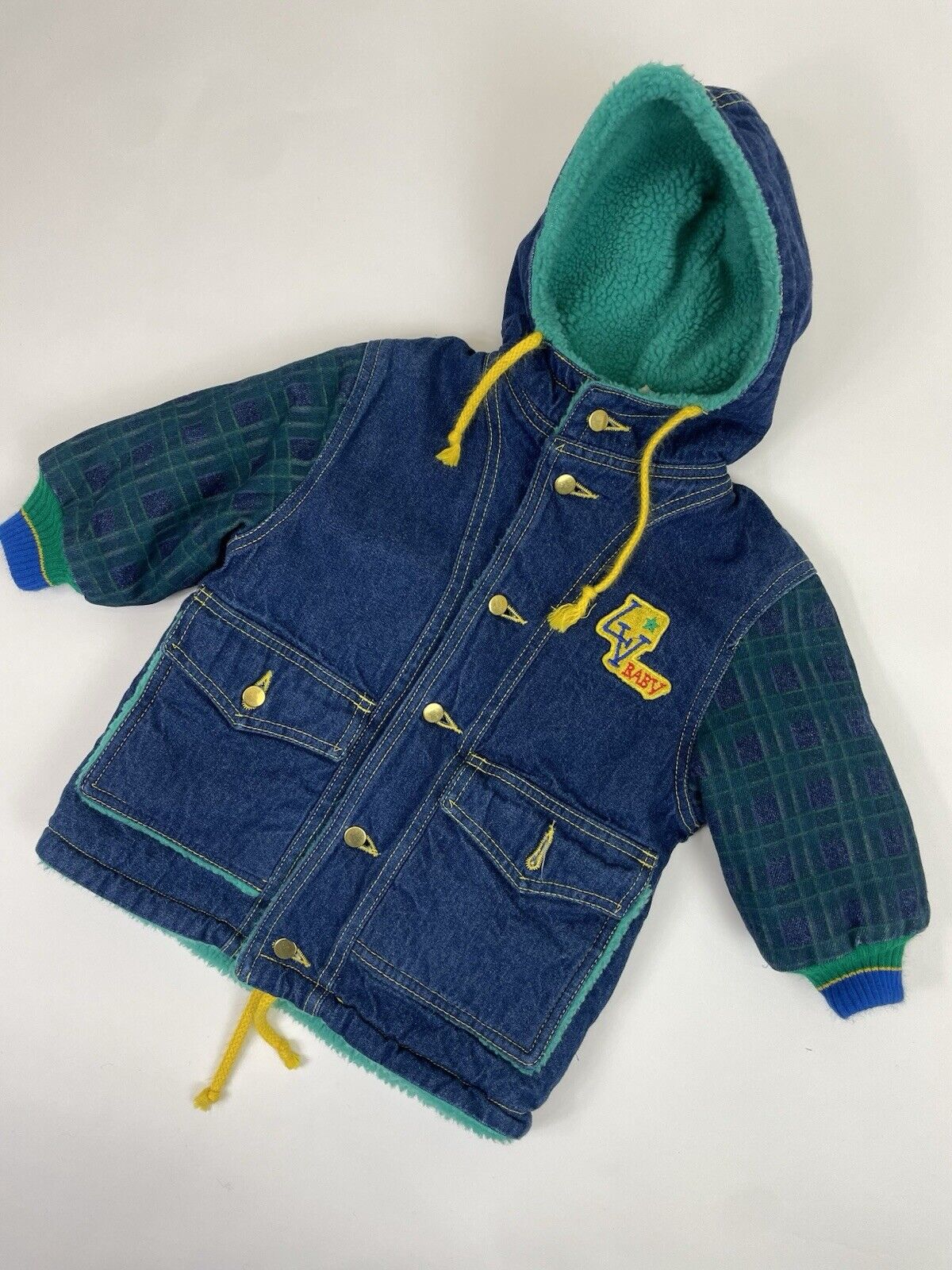 Vintage 90s Aged 12-18 Months Blue Denim Fleece Lined Hooded Coat