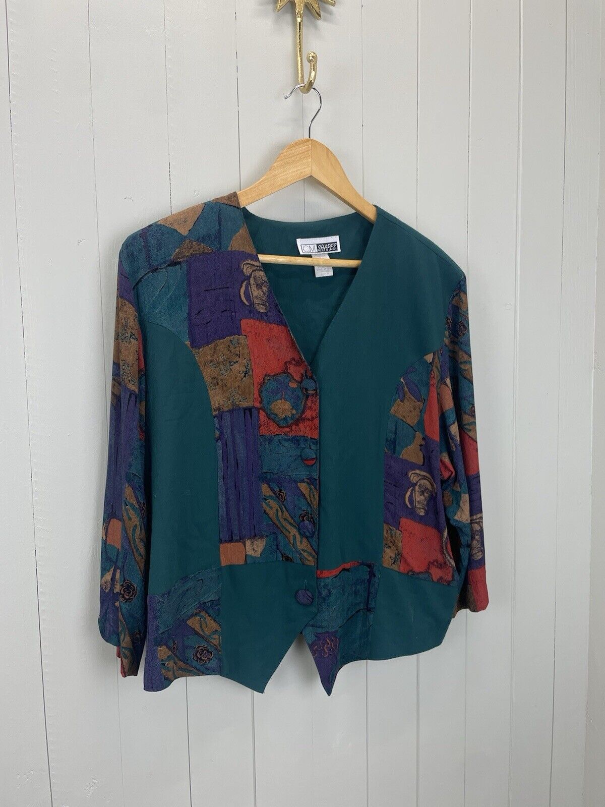 Vintage 80s Size XL 16-20 Teal Green Patchwork Button Blouse CM Shapes