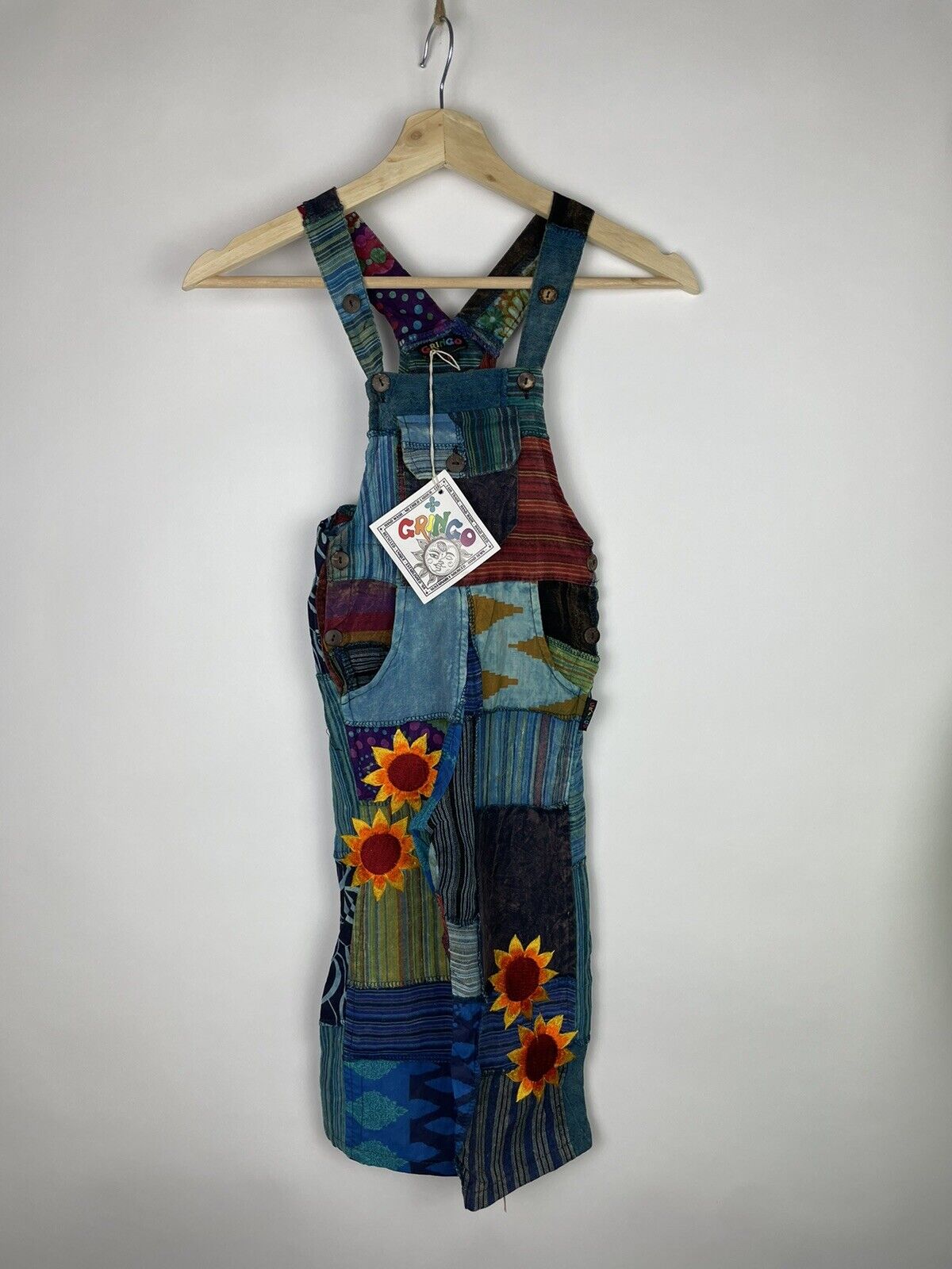 BNWT Kids Unisex Blue Hippie Patchwork Cotton Dungarees Gringo