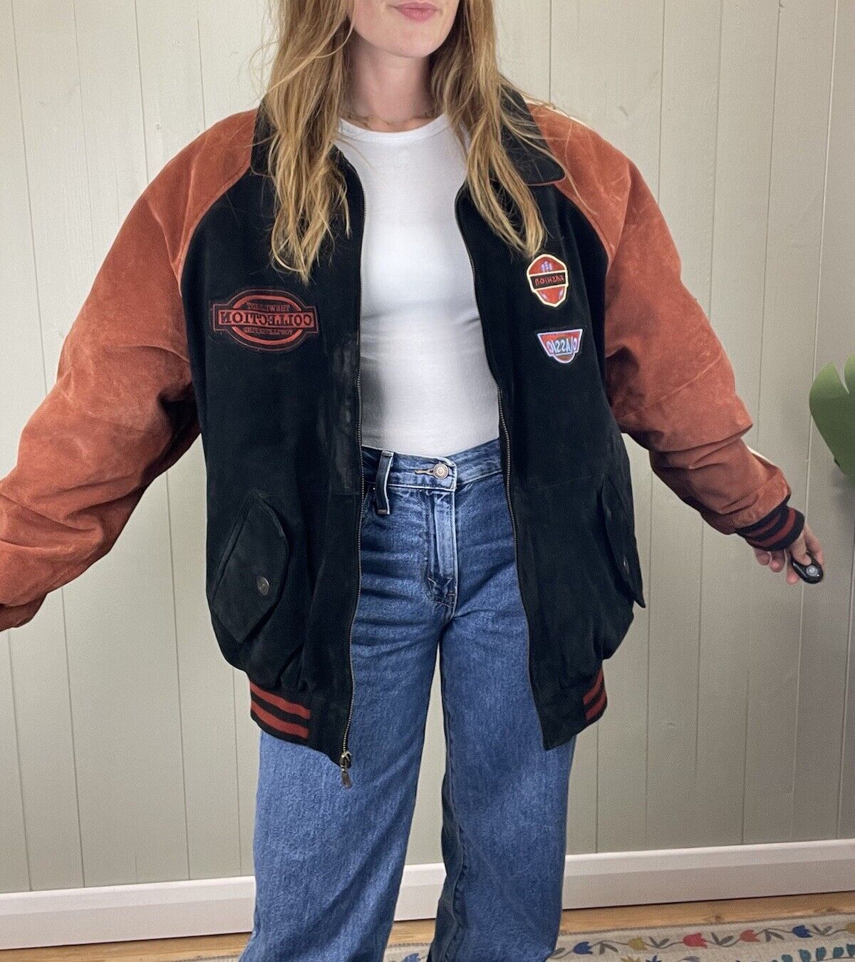 Vintage Size XL 12-20 Black Orange Leather Suede Bomber Biker Jacket