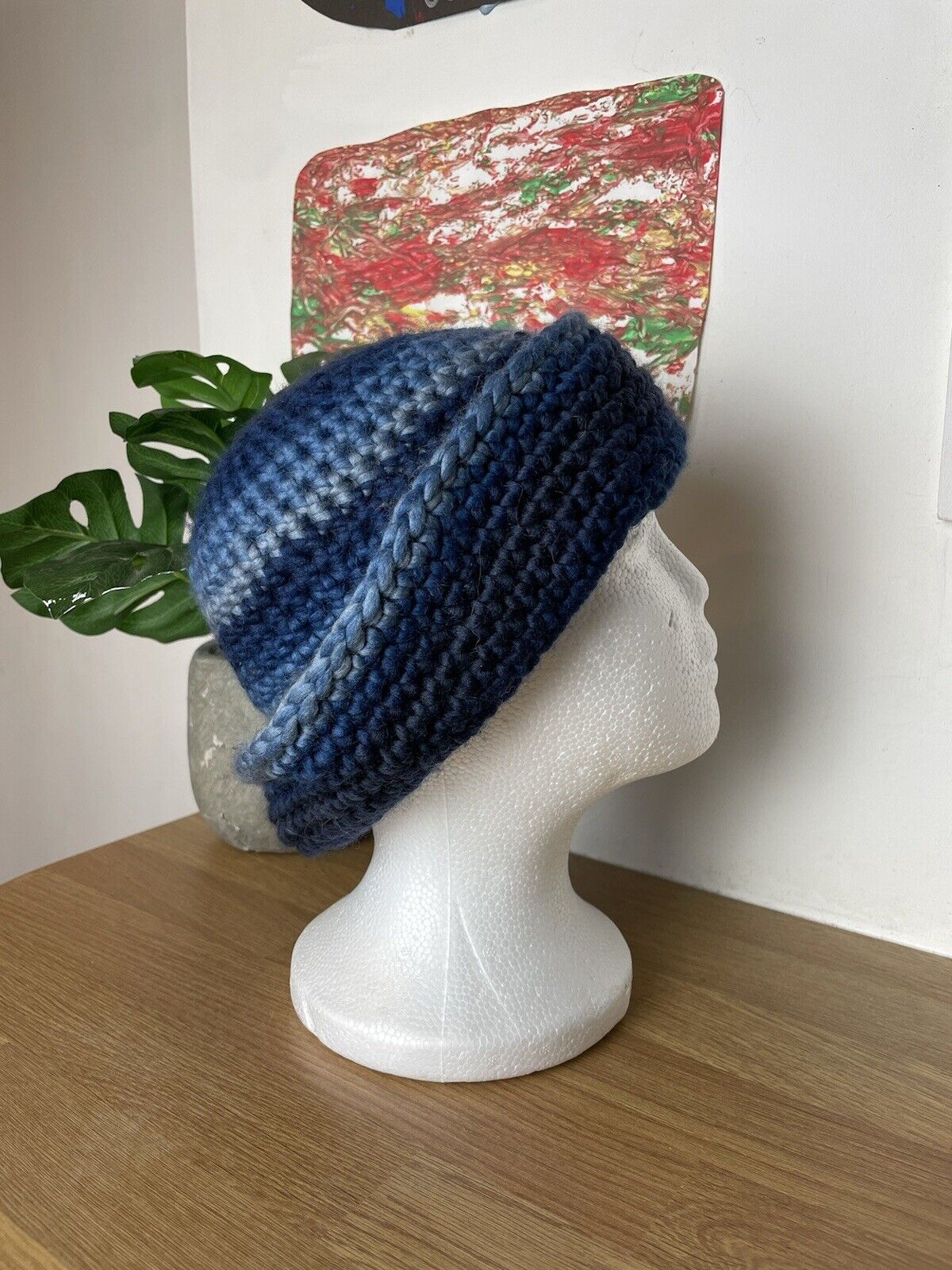 Vintage Handmade Blue Navy Striped Chunky Knit Beanie Hat