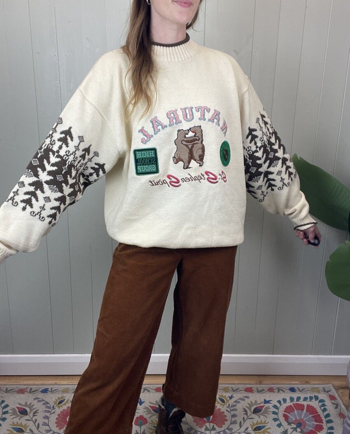 Vintage Size 2XL 16-20 Cream Bears Patch Embroidered Knit Jumper