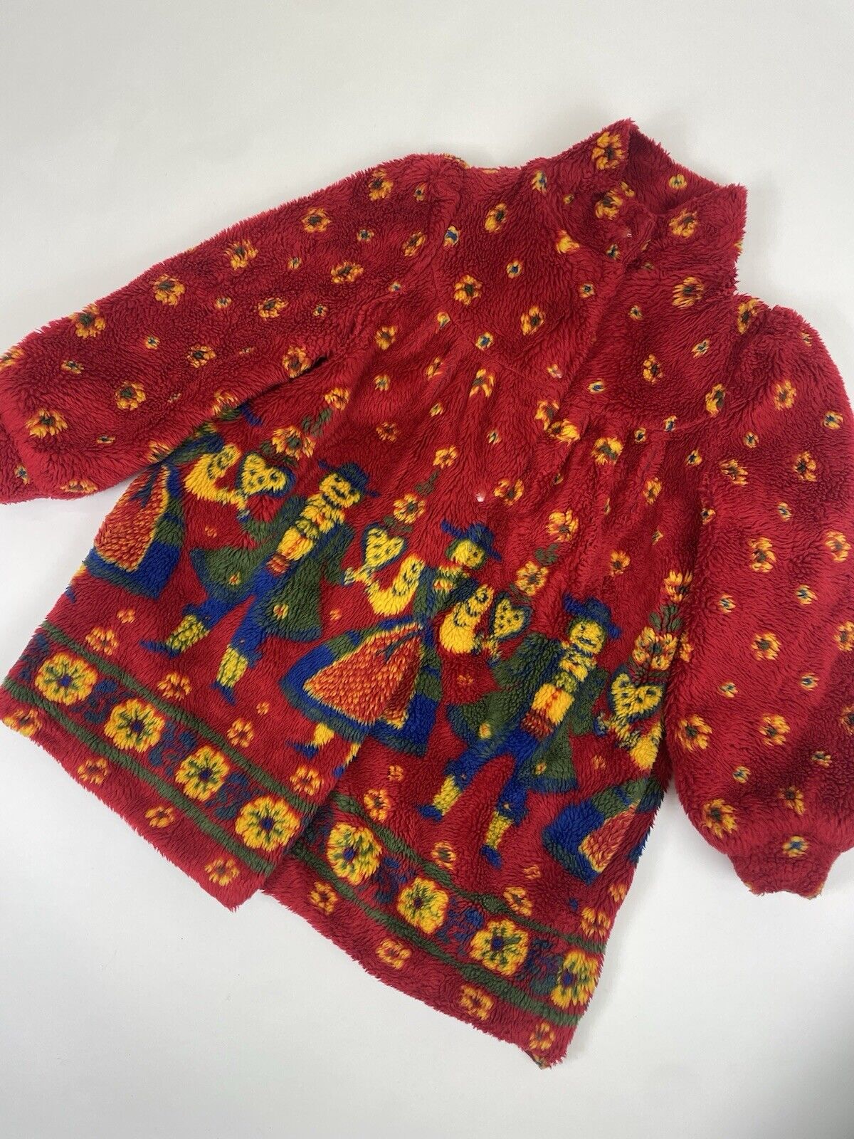 Vintage Girls Aged 4-5 Years Red Austrian Floral Patterned Borg Coat