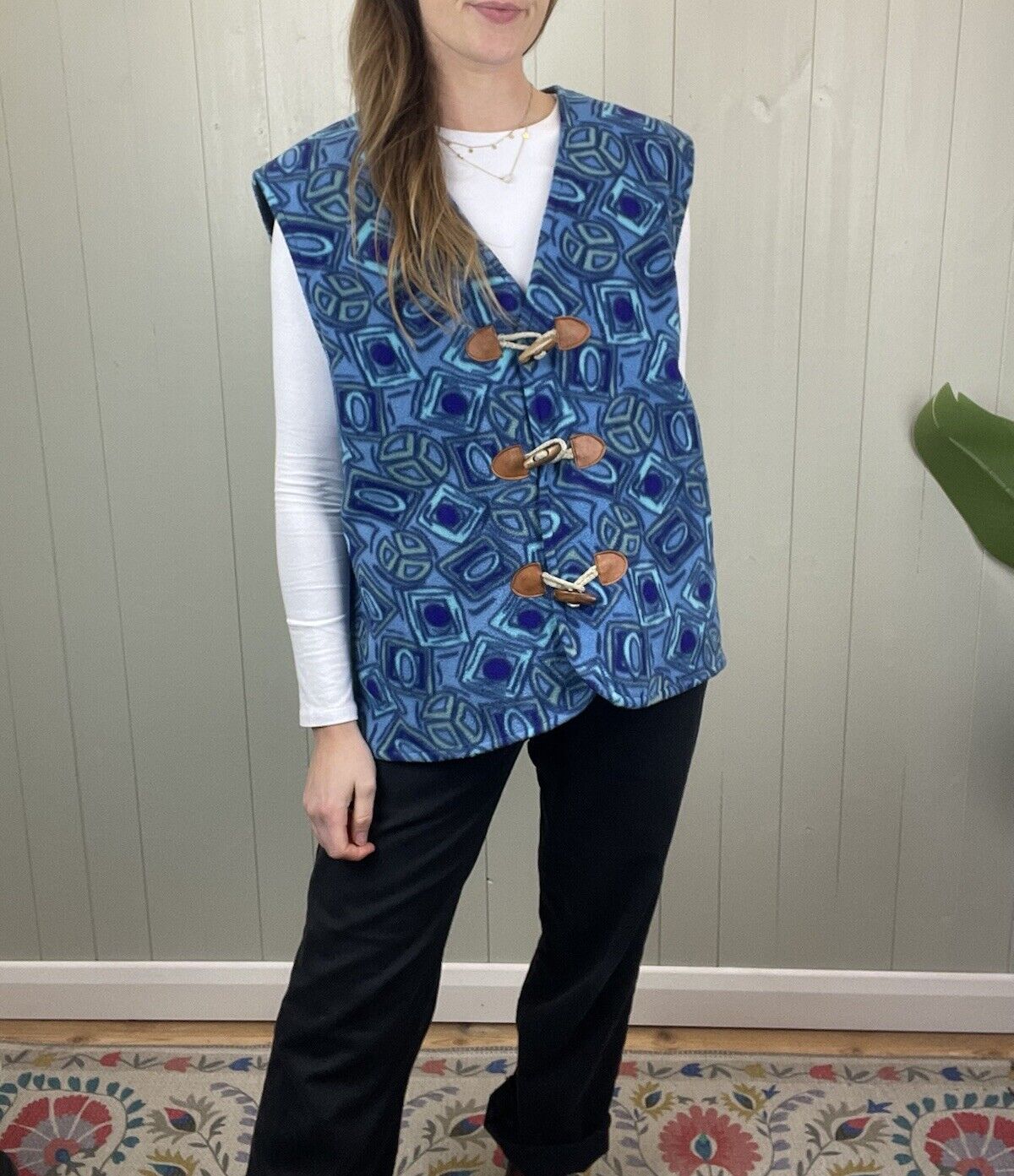 Vintage L 14-16 Blue Boho Funky Patterned Fleece Waistcoat Gilet