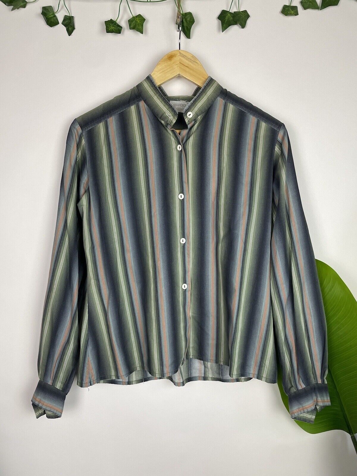 Vintage Size M 6-12 Green Blue 100% Cotton Striped Mock Neck Shirt Groovie