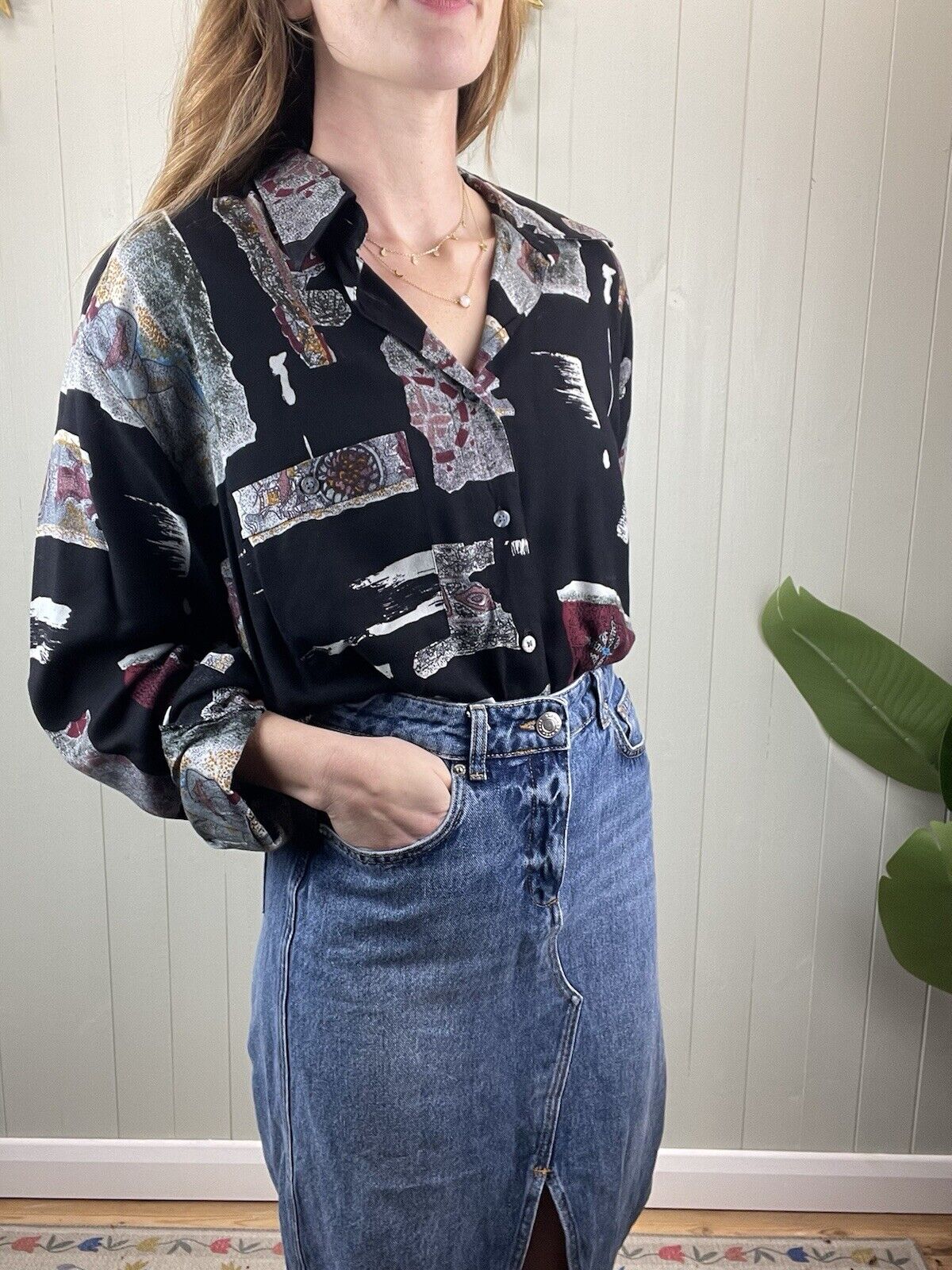 Vintage Size L 12-16 Black Funky Patterned Blouse Shirt