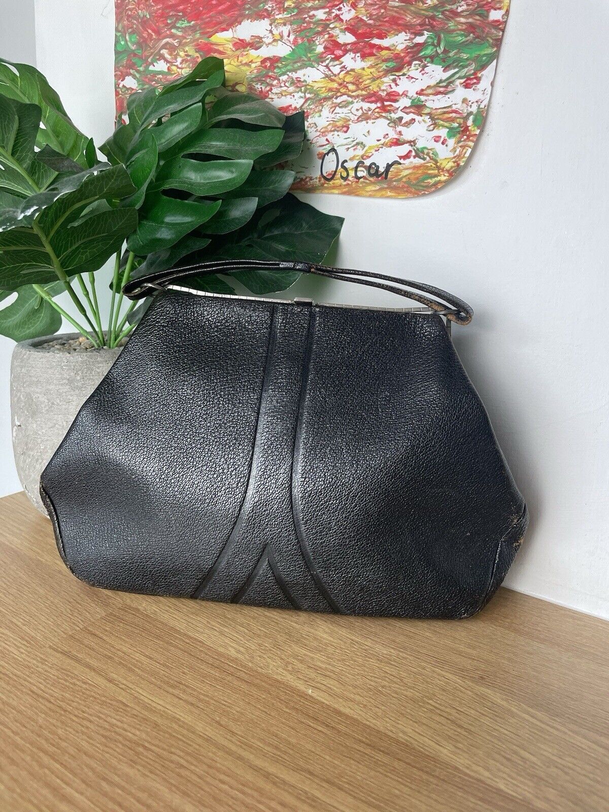 Vintage 1950s Black Leather Top Handle Clutch Bag