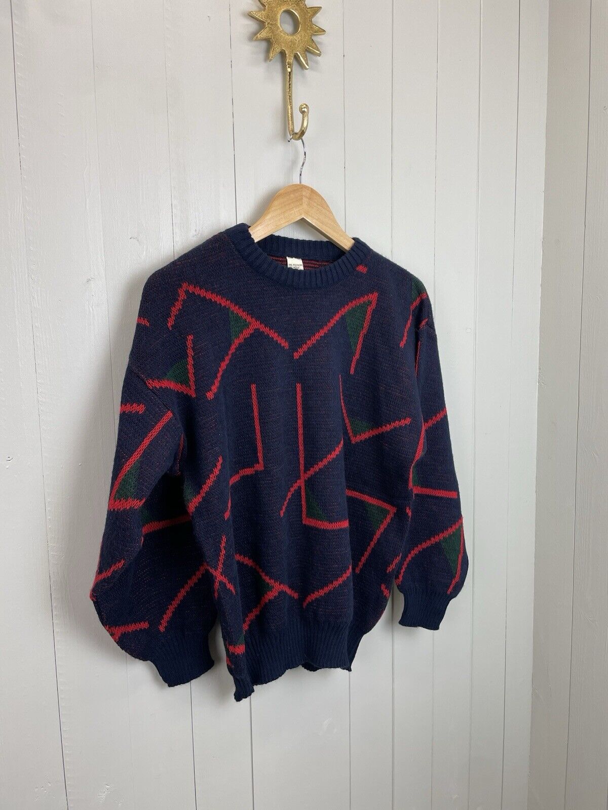 Vintage Size XL 12-16 Navy Red Funky Patterned Wool Blend Knit Slouchy Jumper