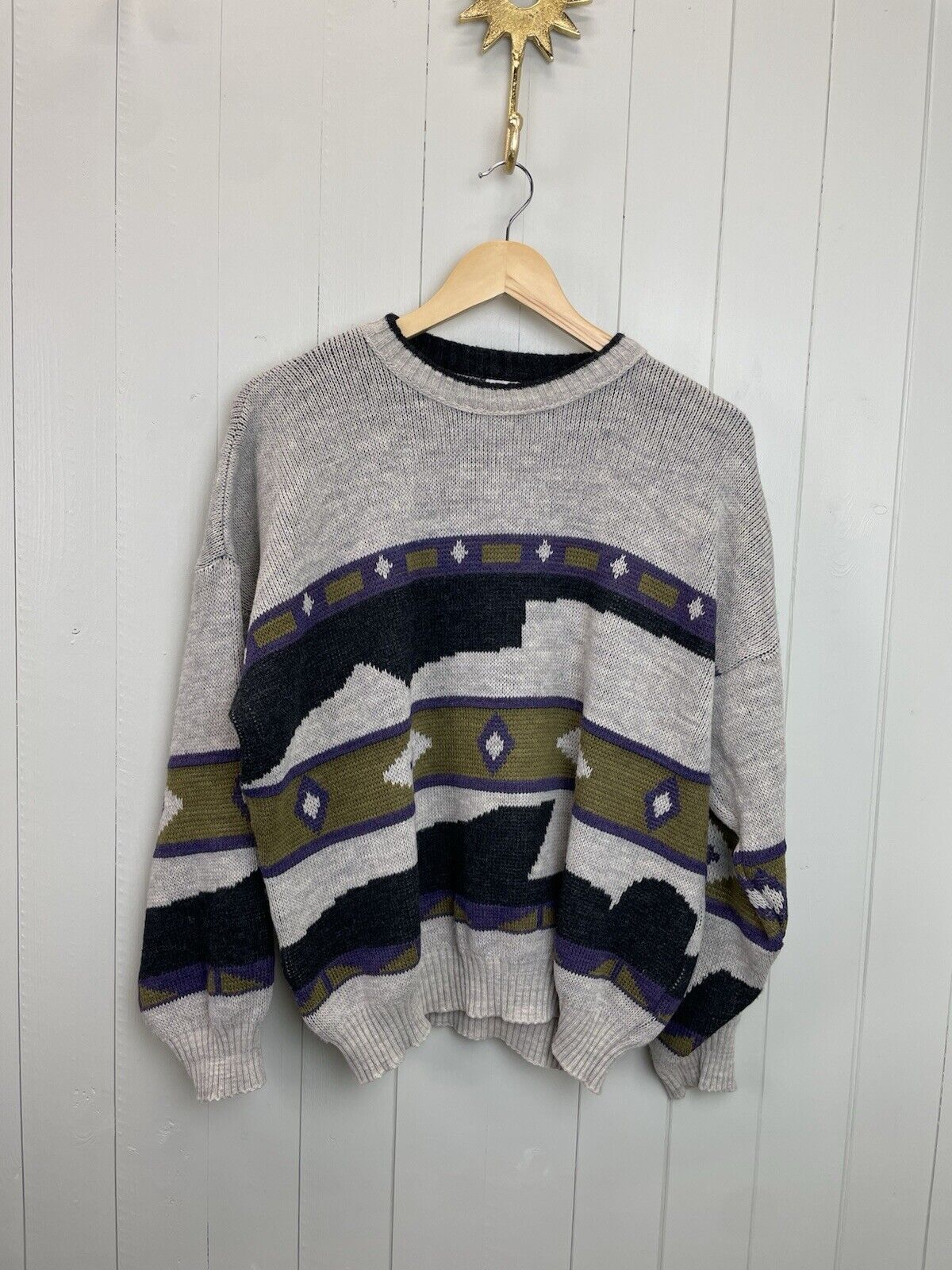 Vintage Size 2XL 14-22 Grey Western Patterned Wool Blend Knit Jumper