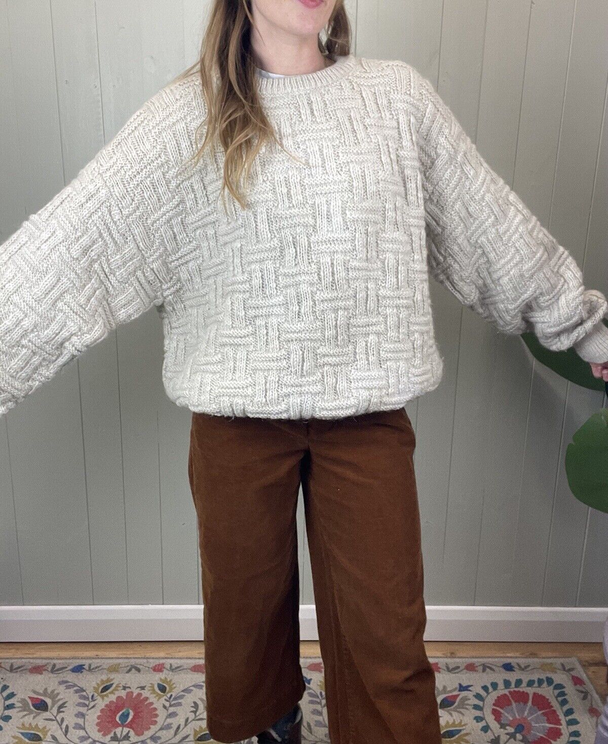 Vintage Size XL 12-22 Oversized Cream Chunky Patterned Knit Jumper Benetton