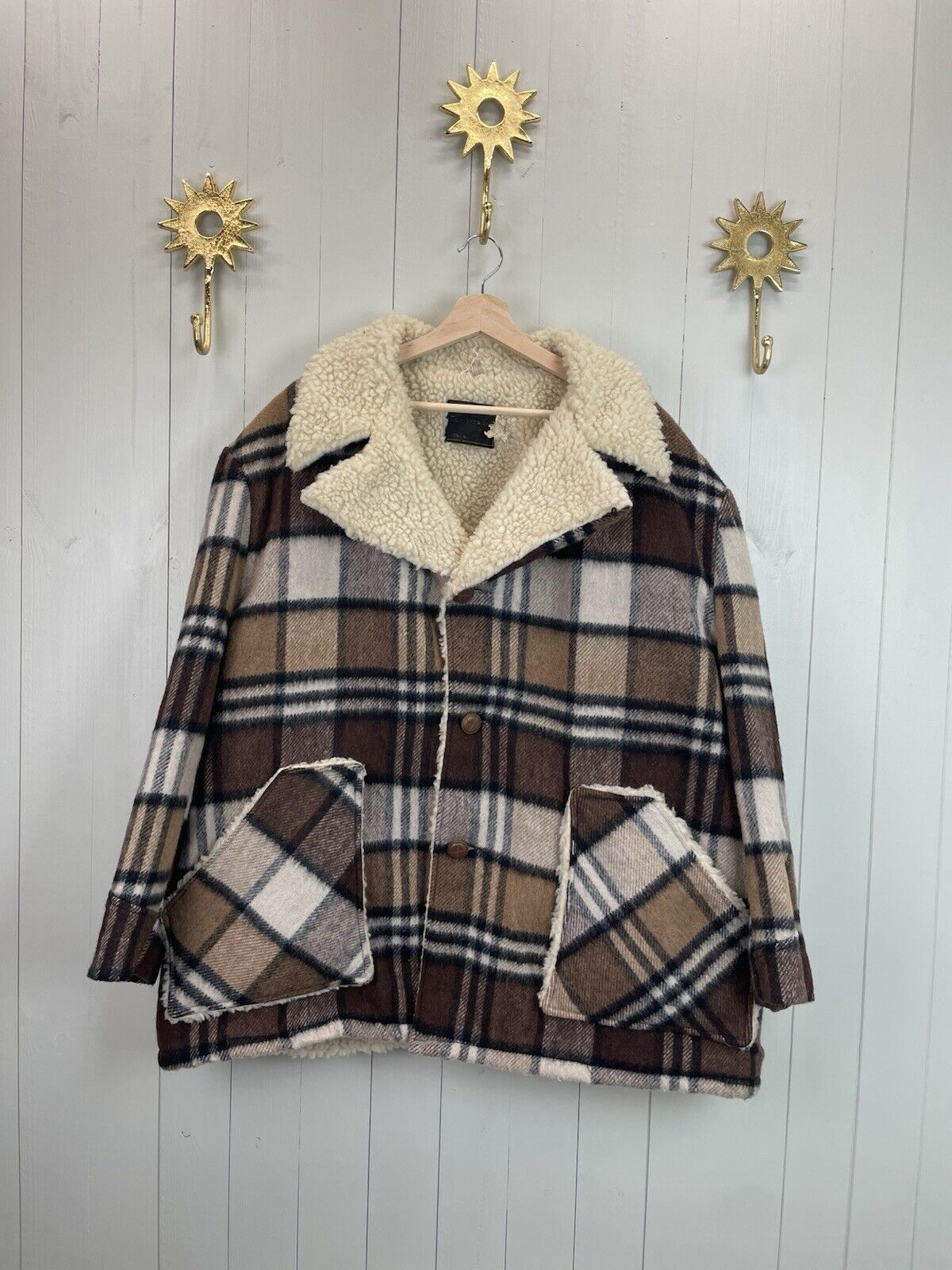 Vintage 70s Size 3XL 20-26 Brown Check Sherpa Chunky Overcoat Towncraft