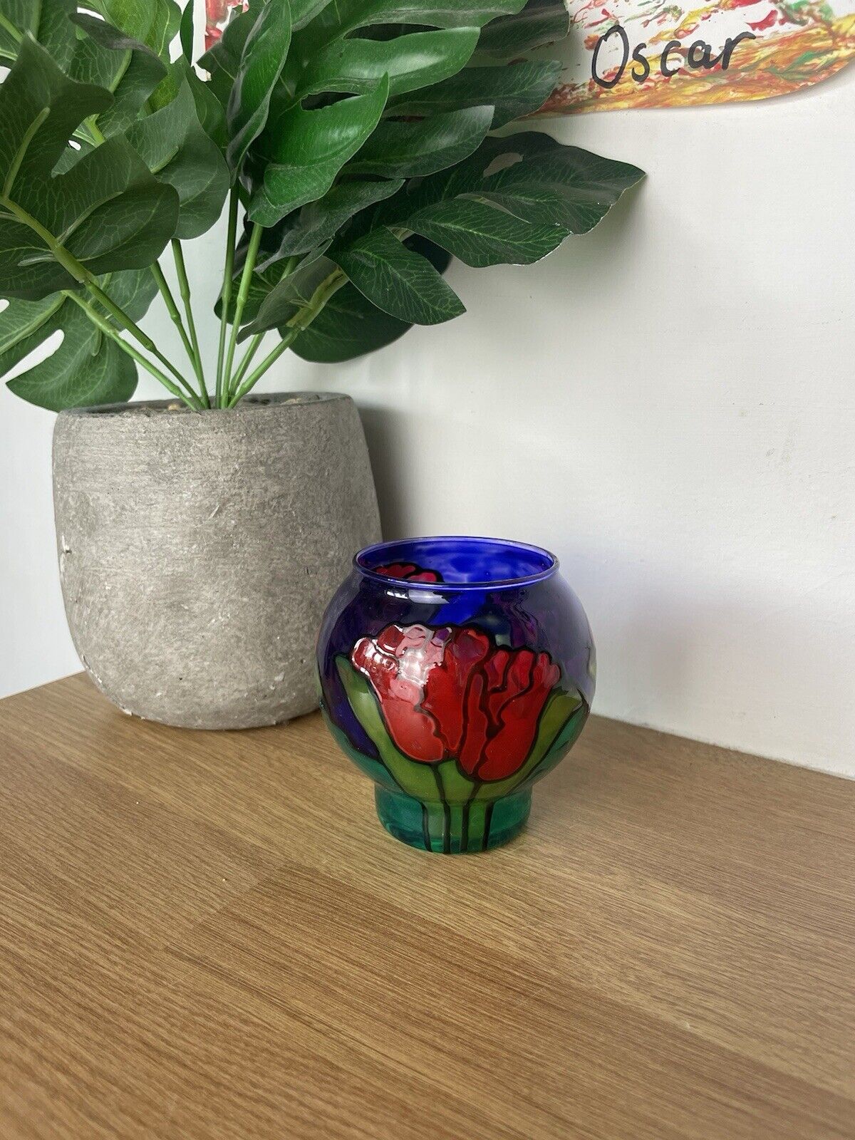 Vintage Blue Red Rose Handmade Fired Glass Tea light Holder Small Vase Mupperbug