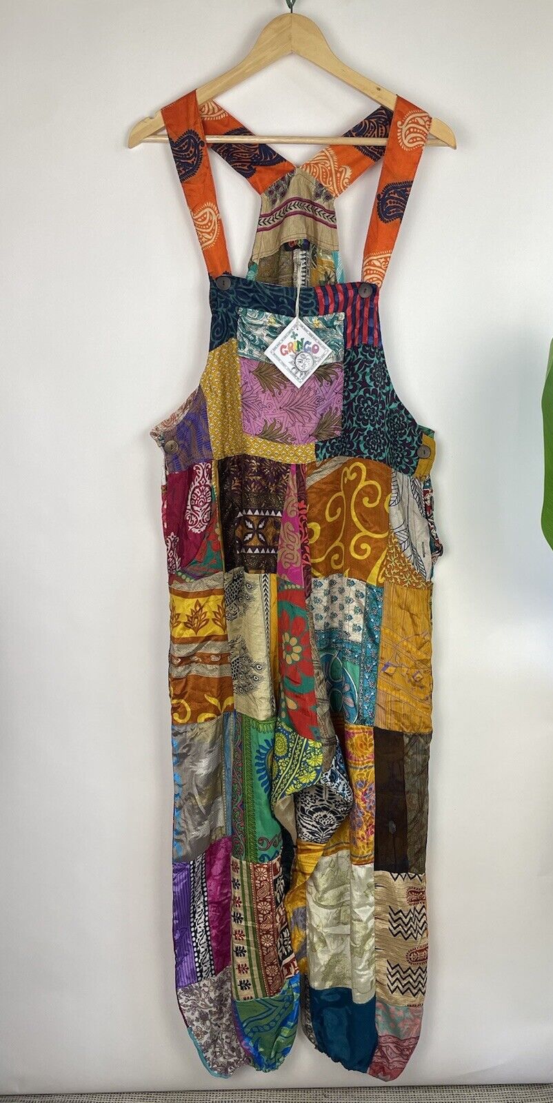 Brand New One Size 10-20 Patchwork Recycled Sari Hippie Dungarees Gringo