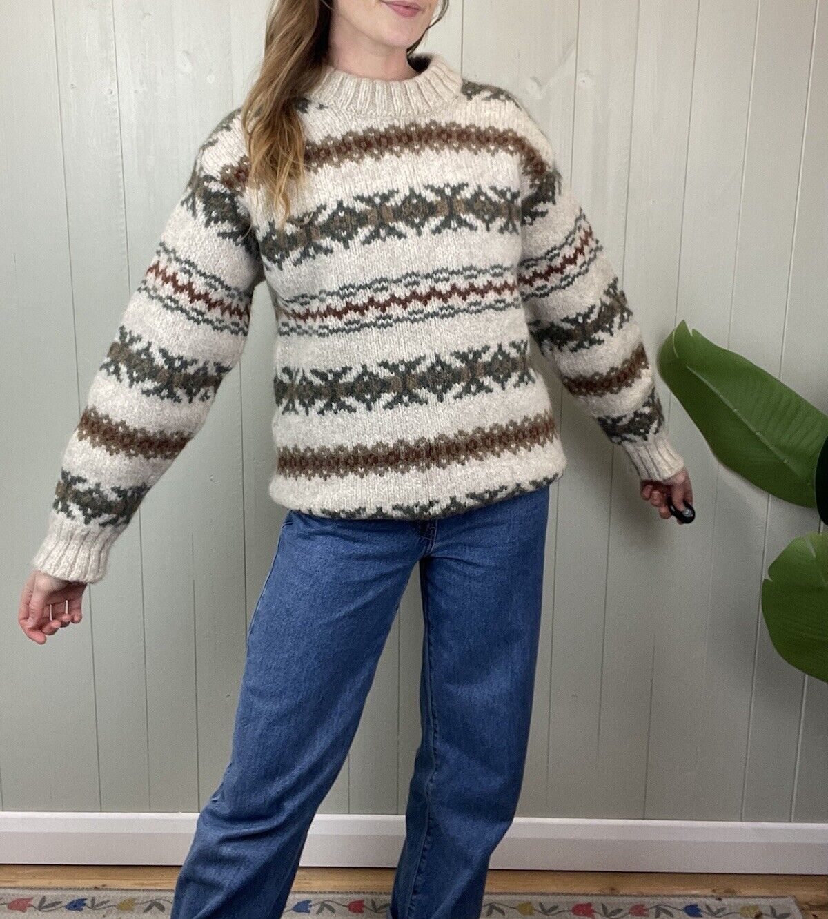 Vintage Size L 8-14 Oatmeal Patterned Chunky Knit Fisherman Jumper St Michael