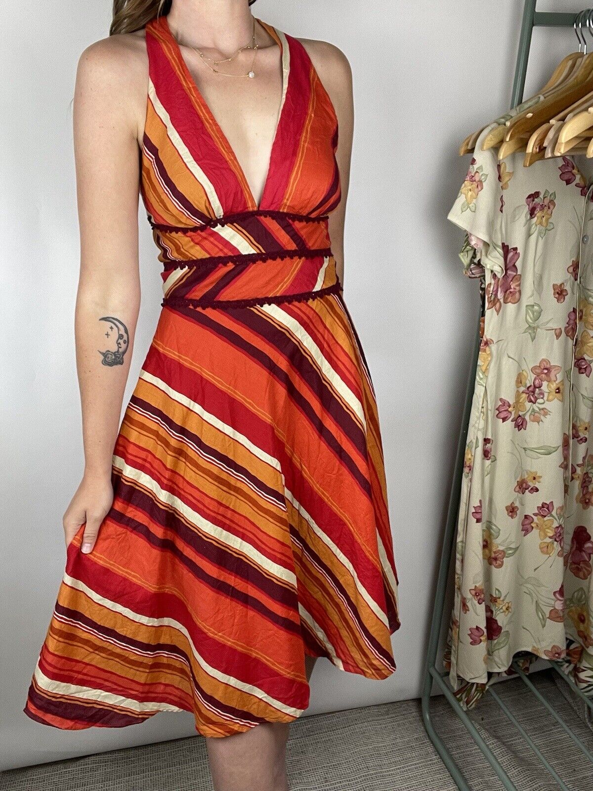 BNWT Vintage Size S 6-10 Red Striped Boho Cotton Halterneck Midi Dress