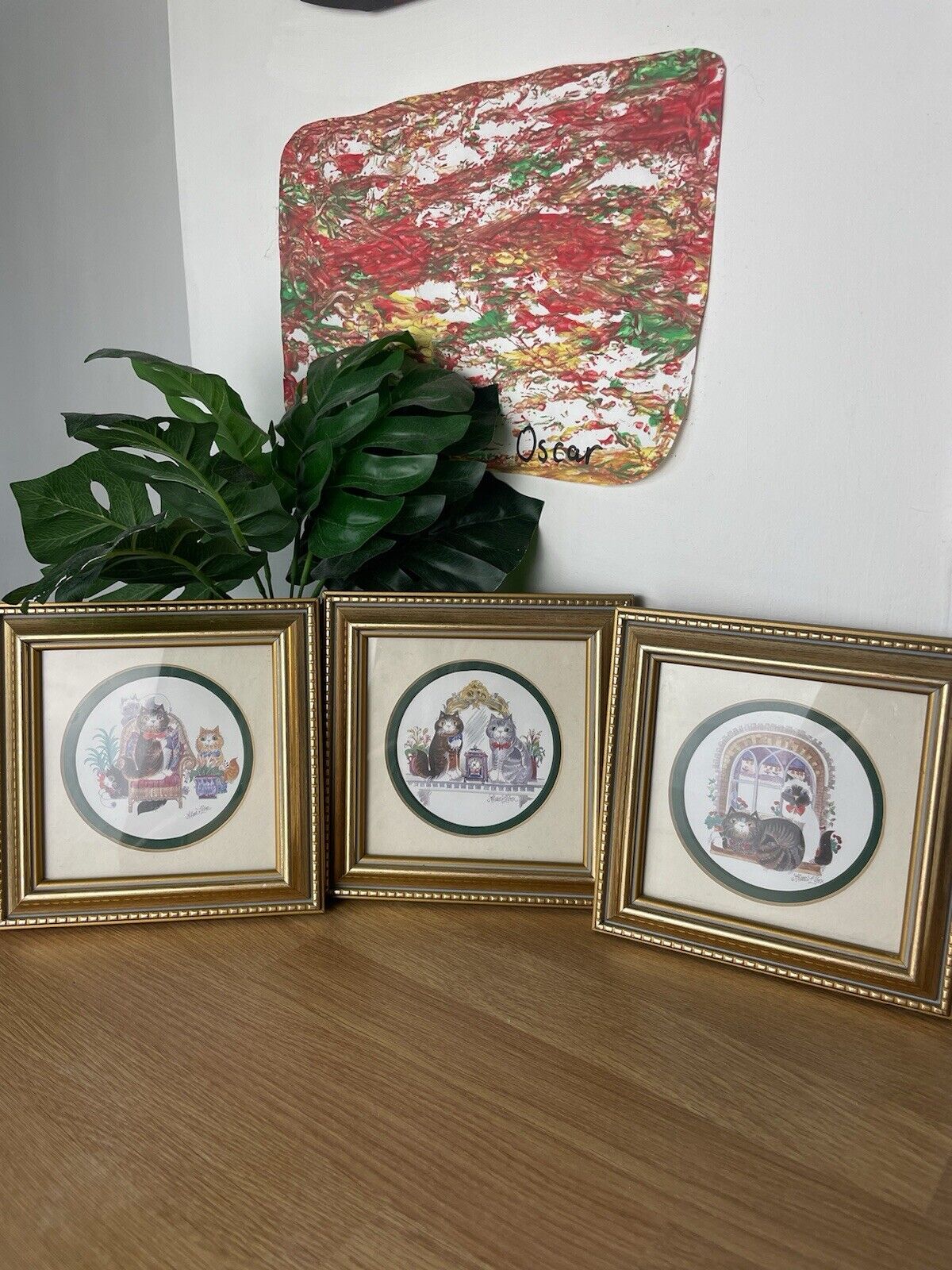 Trio Framed Signed Diane Elson Cat Pictures Cottage Window Fathers Chair Mirror