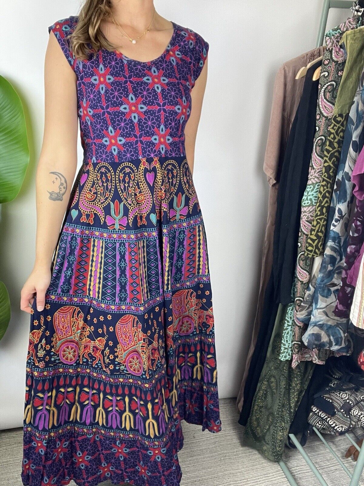 Vintage Size S 6-10 Purple Bohemian Hippie Sleeveless Cotton Midi Maxi Dress