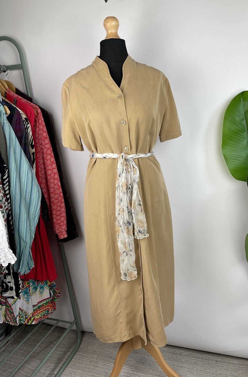 Vintage Size L 12-14 Beige Neutral Button Down Lyocell Midi Dress St Michael