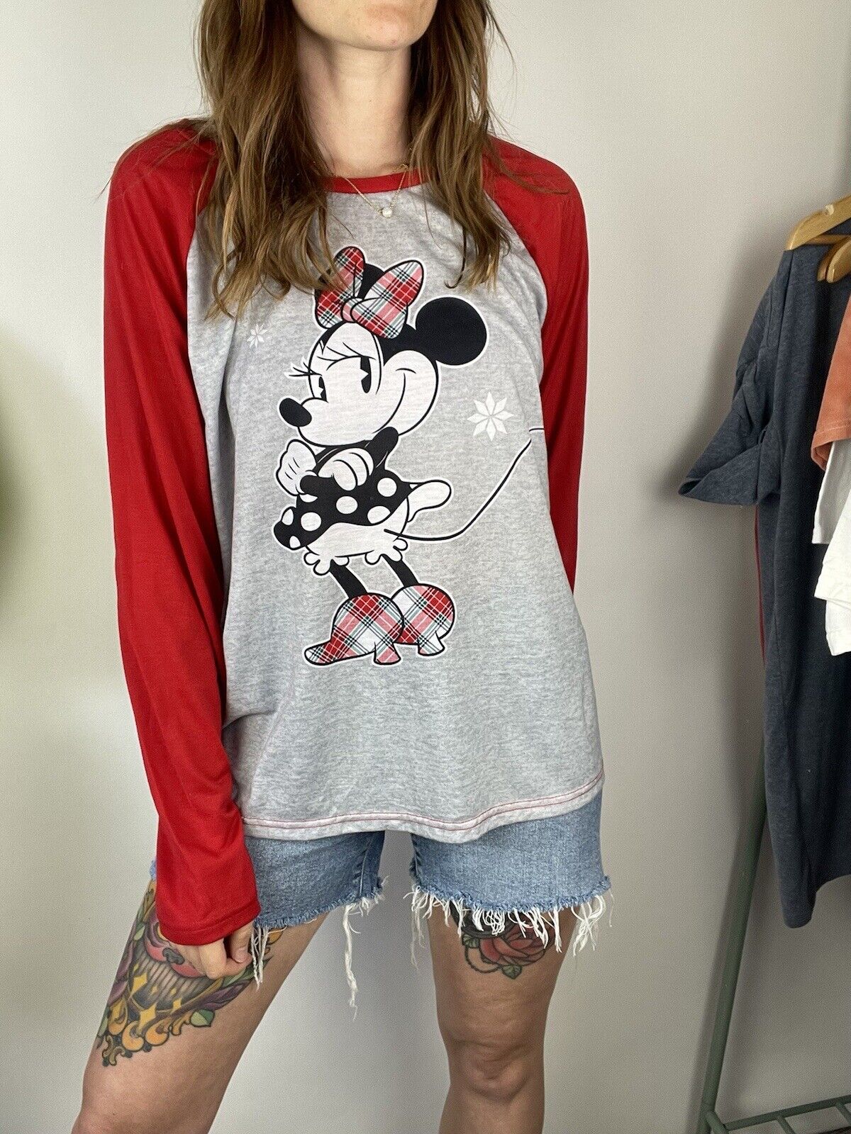 Size 2XL 14-20 Red Grey Disney Minnie Mouse Long Sleeve Raglan T-Shirt Top