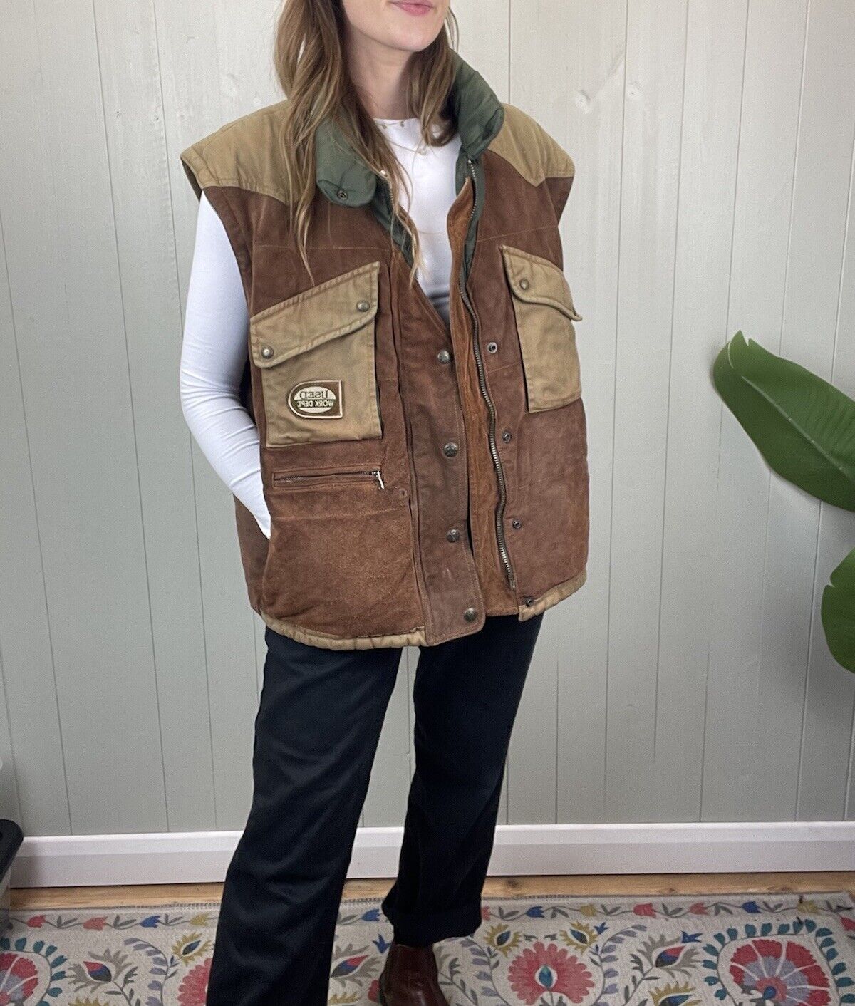 Vintage L 16-20 Brown Suede Worker Padded Gilet Union Mills