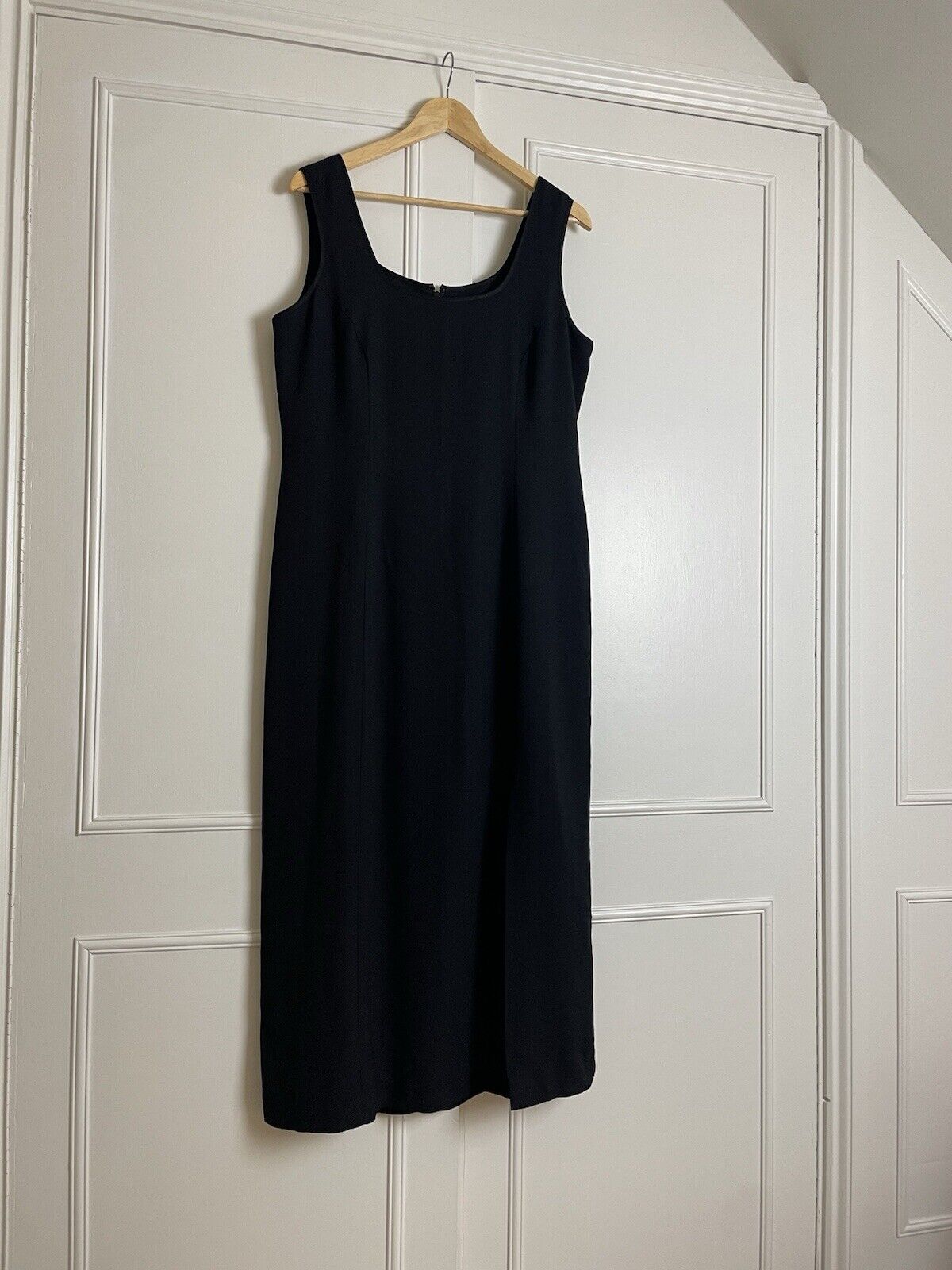 Vintage 90s Size XL 14-16 Black Classic Leg Split Midi Slip Dress Laura Ashley