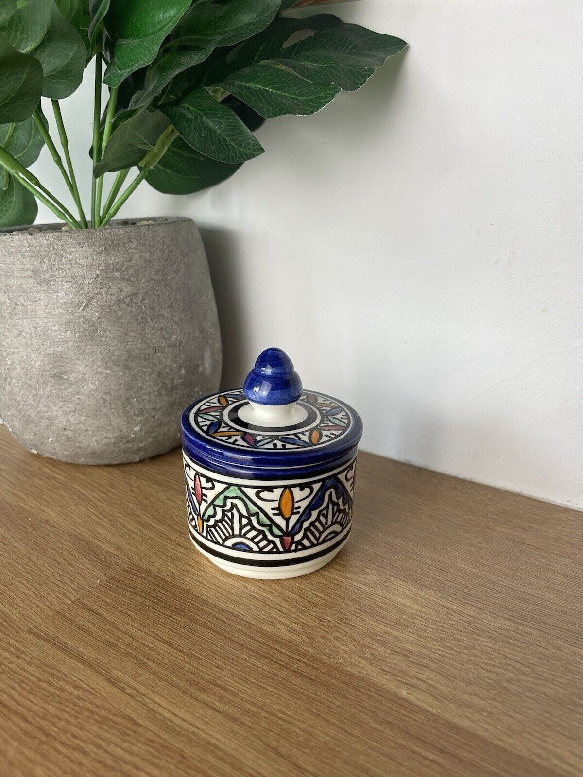 Vintage Ceramic Moroccan Handpainted Lidded Sugar Bowl Trinket Dish Fez