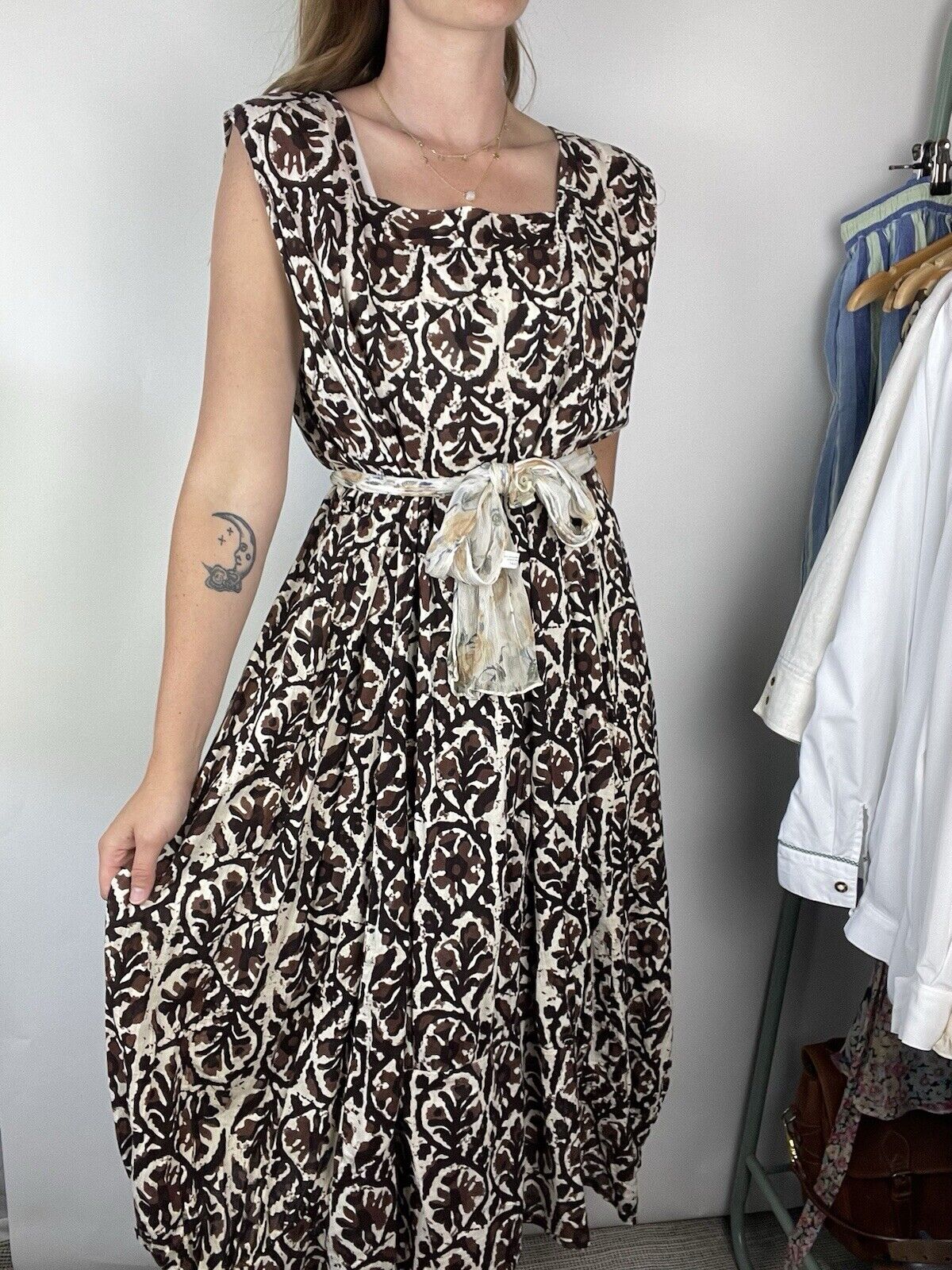 Free Size 10-22 Brown Indian Block Print 100% Cotton Summer Midi Dress