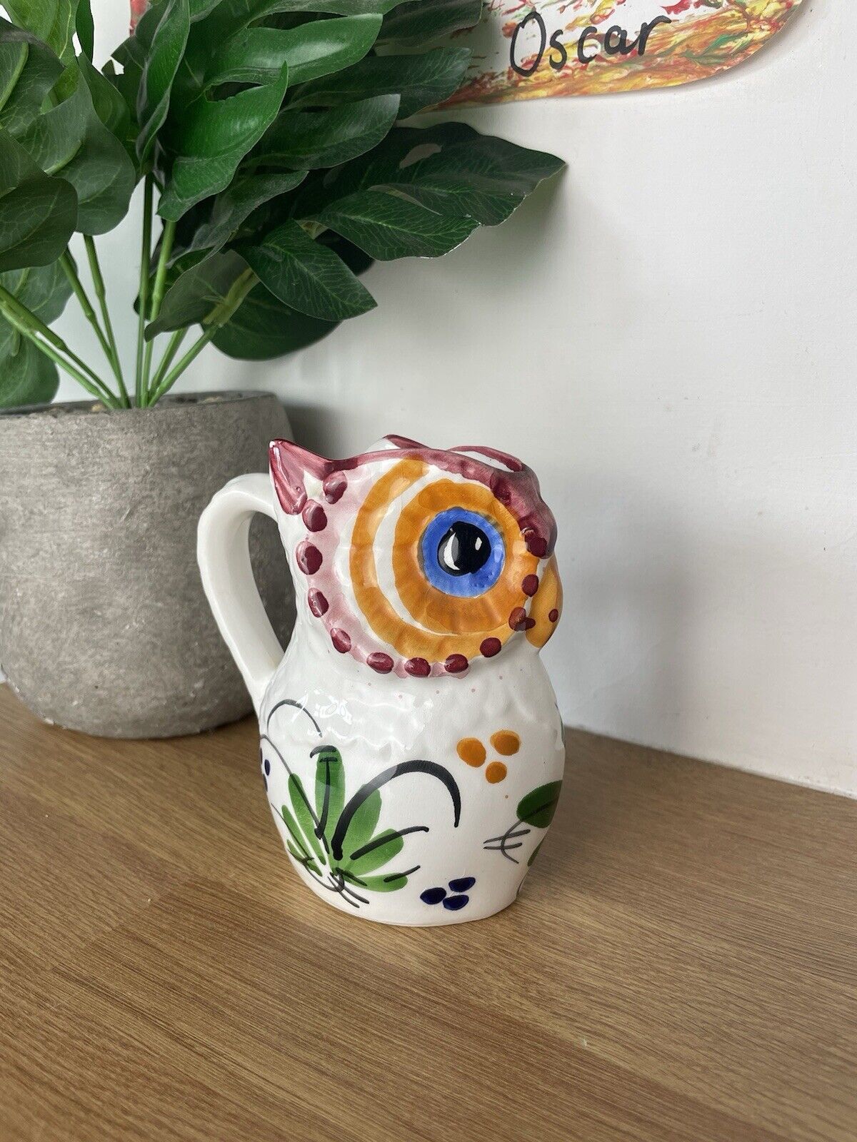 Vintage Handpainted Ceramic White Folk Floral Owl Shaped Jug