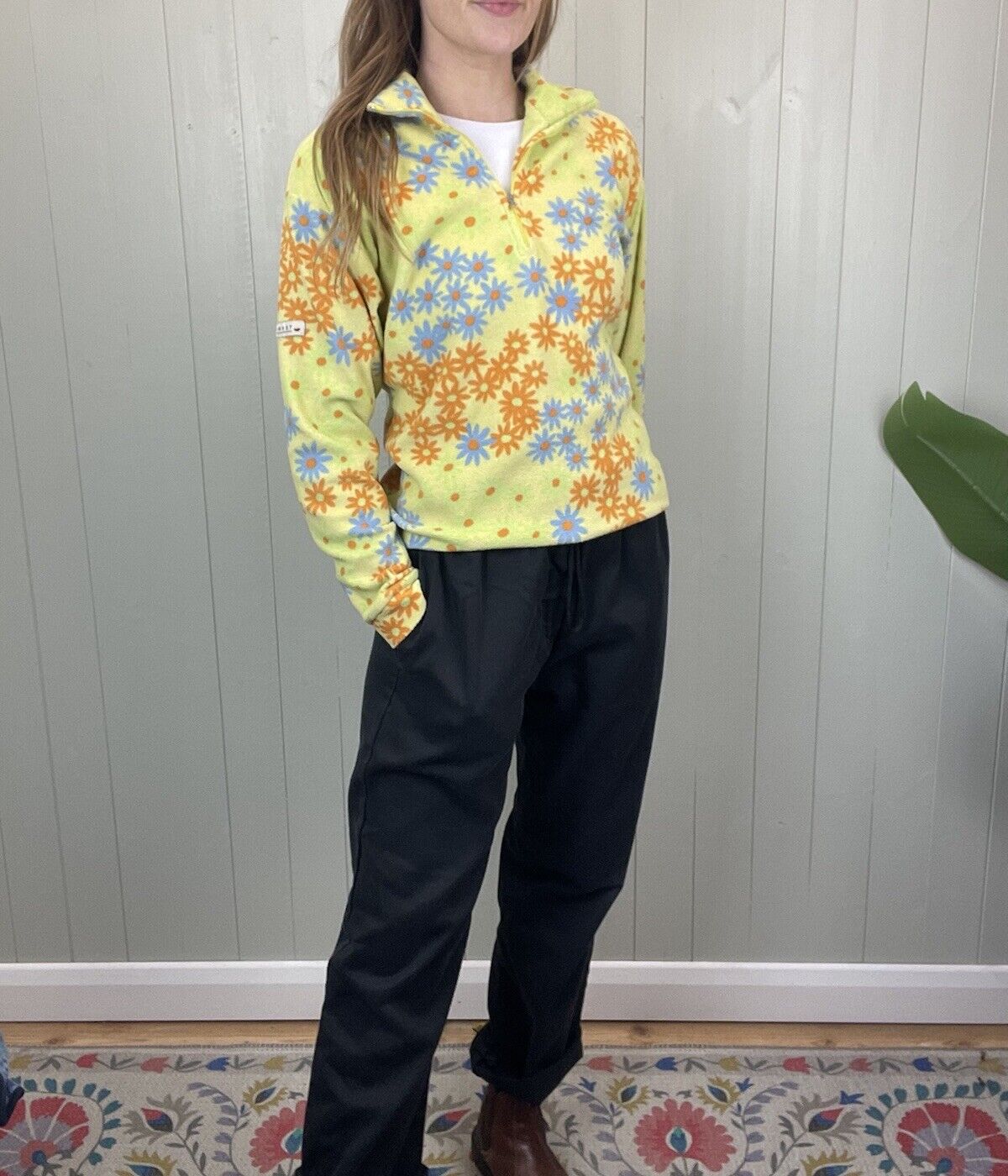 Vintage 90s Size S 6-10 Yellow Flower Power Quarter Zip Fleece