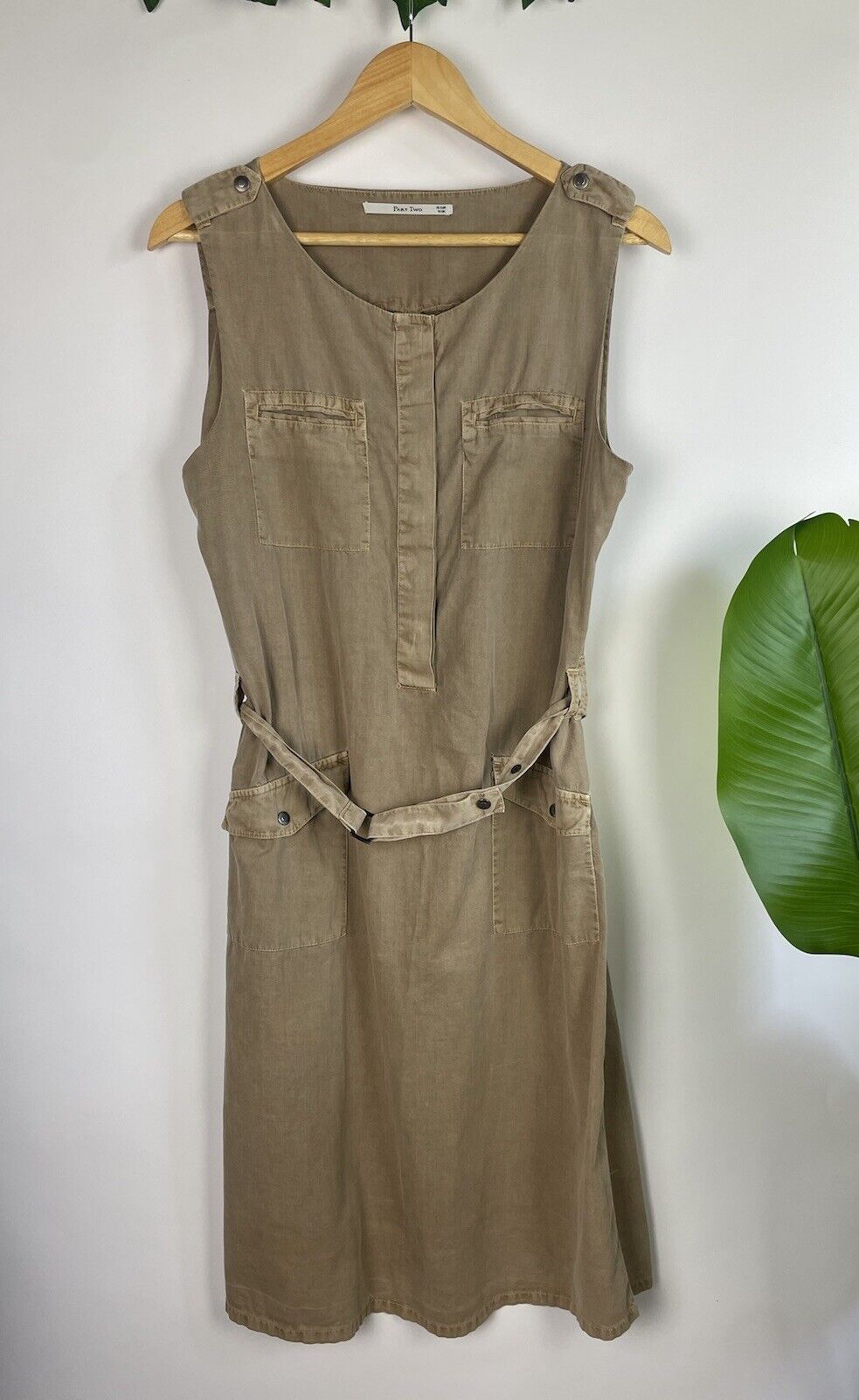 Vintage Size S 6-10 Beige Utility Style Sleeveless Belted Midi Dress Part Two