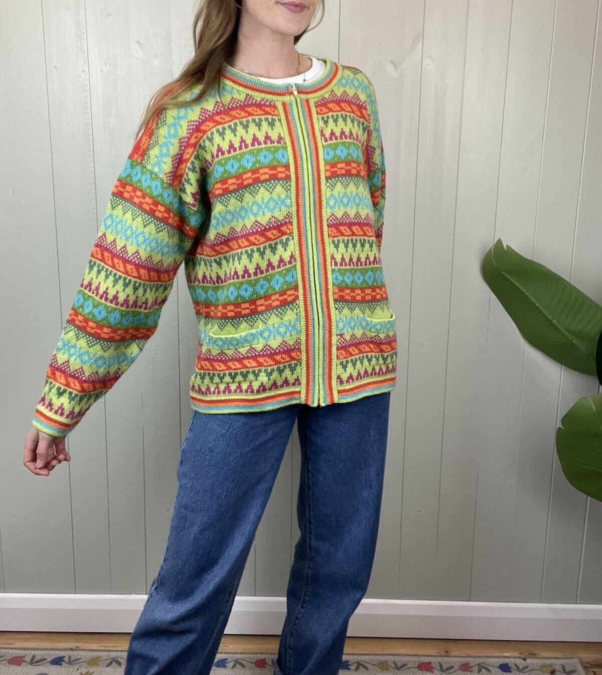 Vintage Size M 10-14 Green Rainbow Patterned Knit Full Zip Cardigan