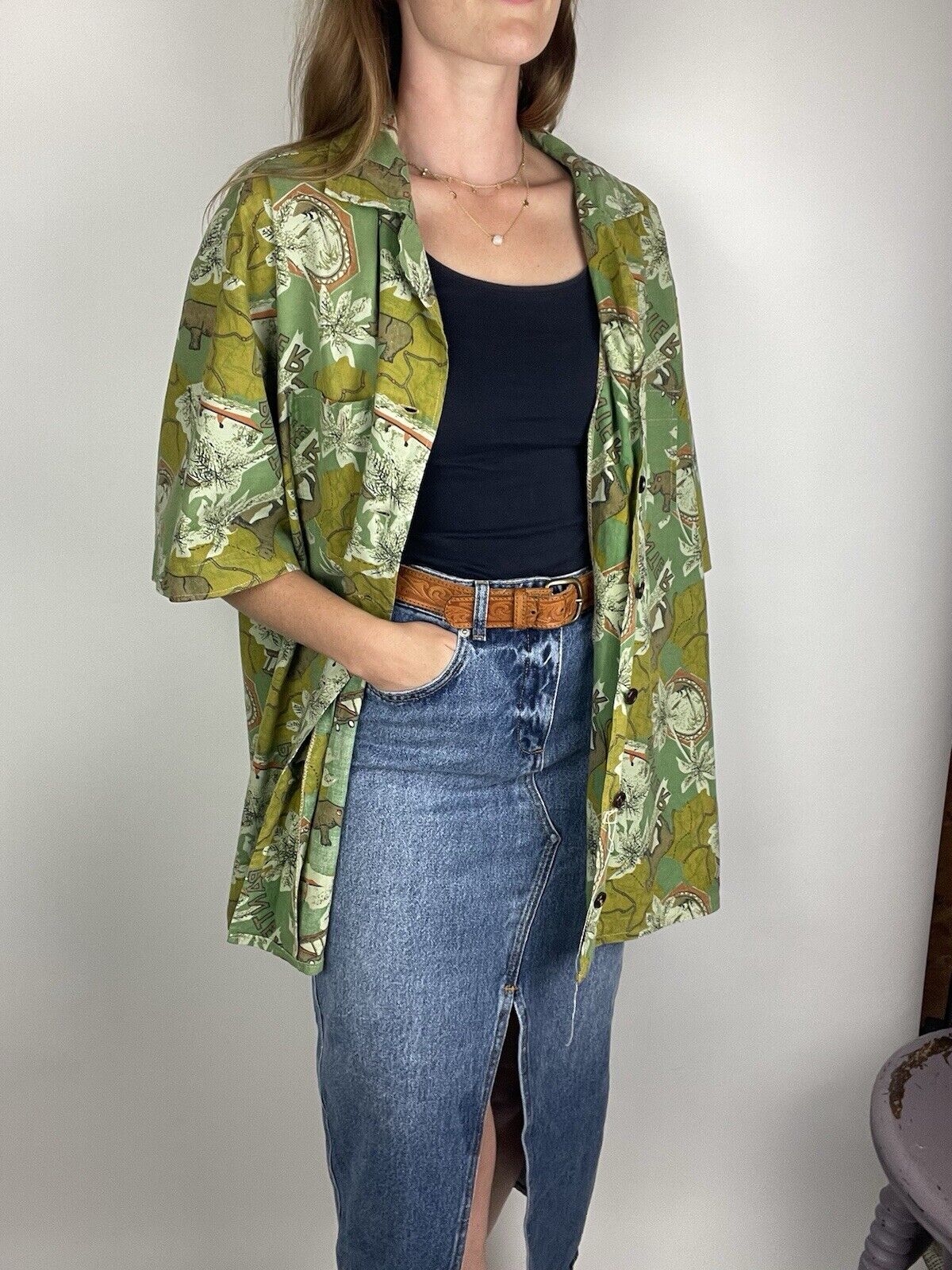 Vintage Size 2XL 14-20 Green Safari Cotton Resort Shirt Panter