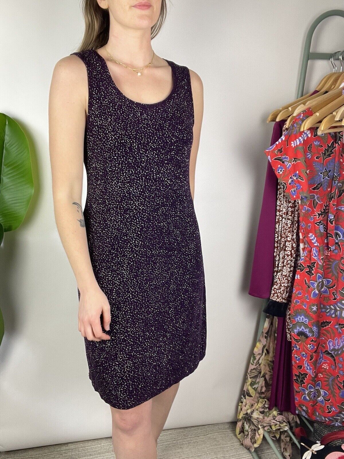 Vintage 90s Size M 10-14 Dark Purple Glitter Sparkly Stretch Slip Dress