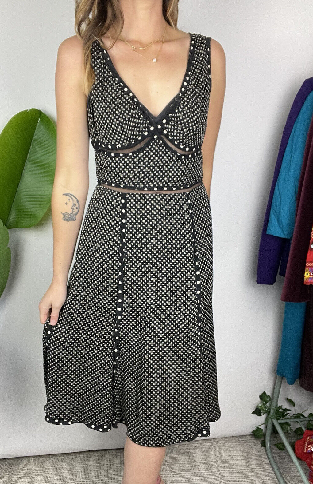 Vintage Size S 8-10/12 Black Polka Dot 100% Silk Midi Slip Dress Sportmax Party