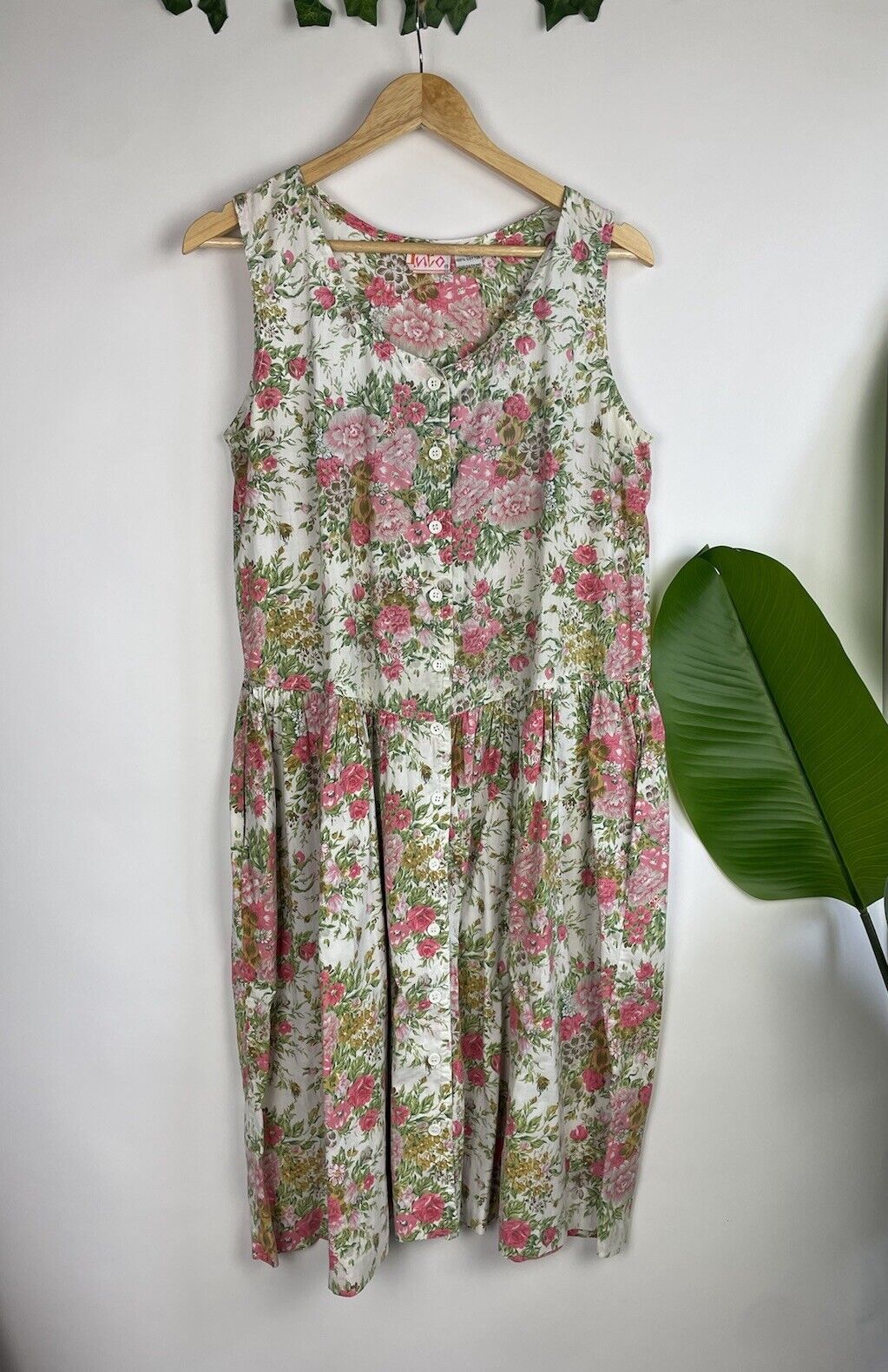 Vintage 80s Size M 10-14 Pink Romantic Floral Cotton Midi Dress Into