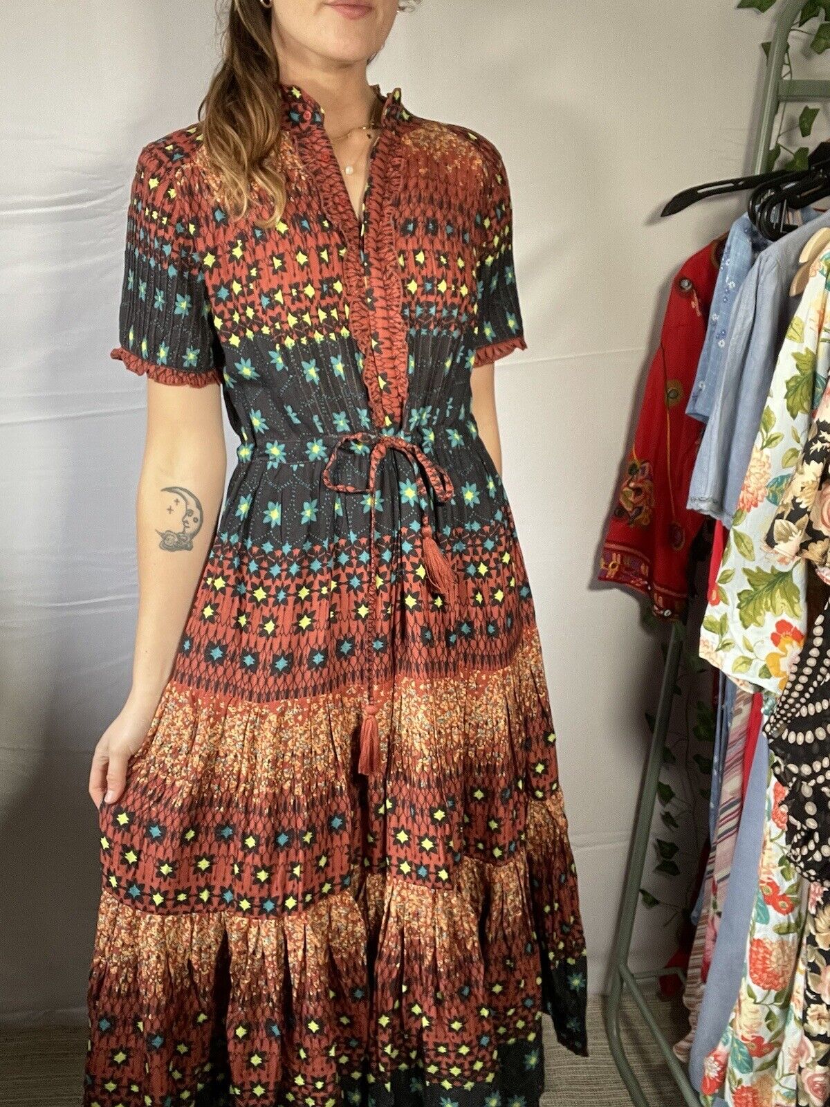 BNWT Size XS 6-10 70’s Style Bohemian Patterned Midi Dress From Free People