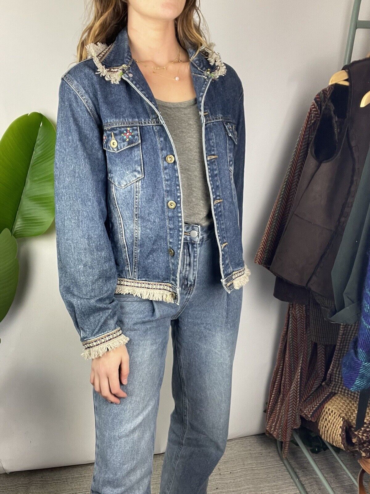 Embroidered oversized denim sales jacket