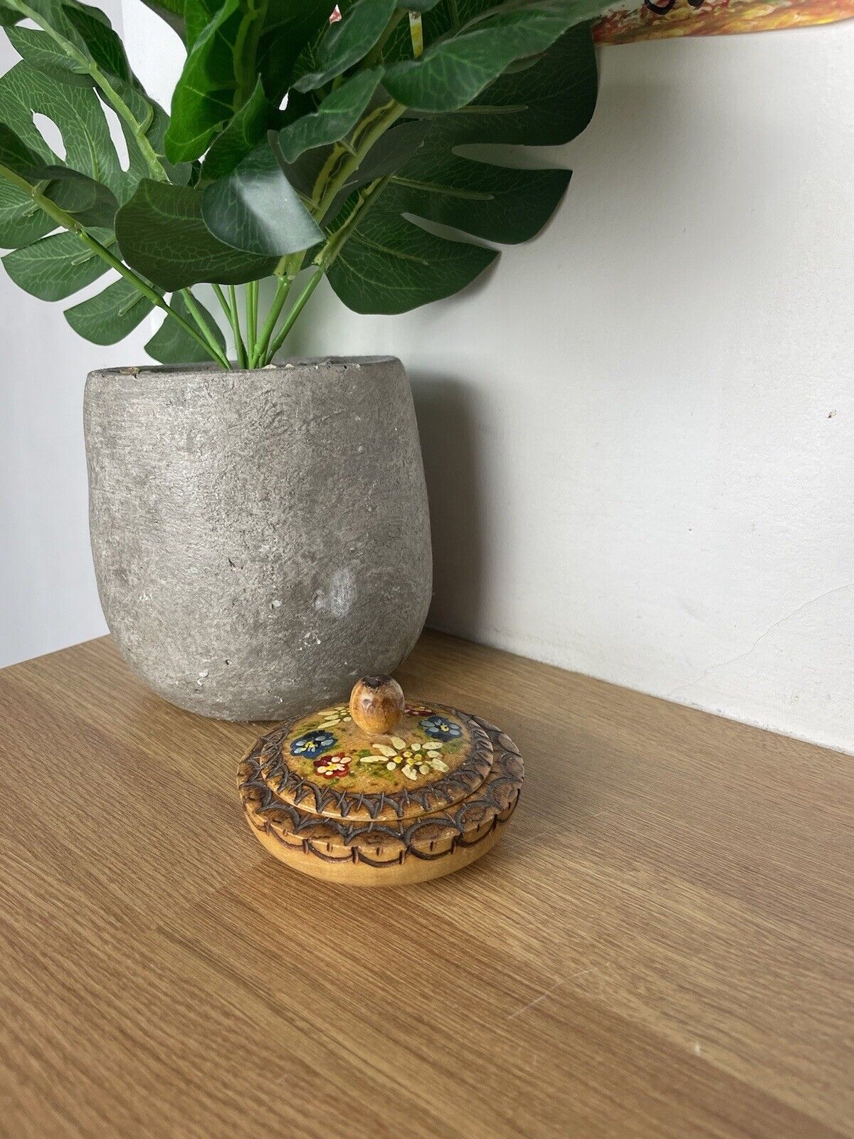 Vintage Handmade Small Round Handpainted Floral Folk Wooden Pot